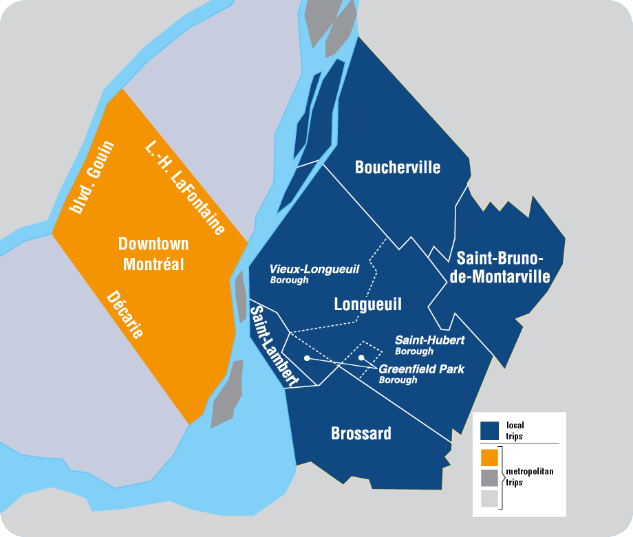The map of the serviced territory that includes: Boucherville, Brossard, Longueuil, Saint-Bruno-de-Montarville and Saint-Lambert.