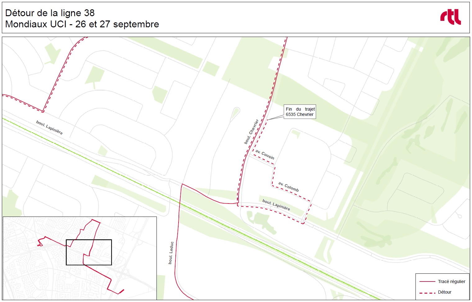 Carte du détour sur la ligne 38 sur le boul. Lapinière, l'av. Colomb, l'av. Cousin et le boul. Chevrier