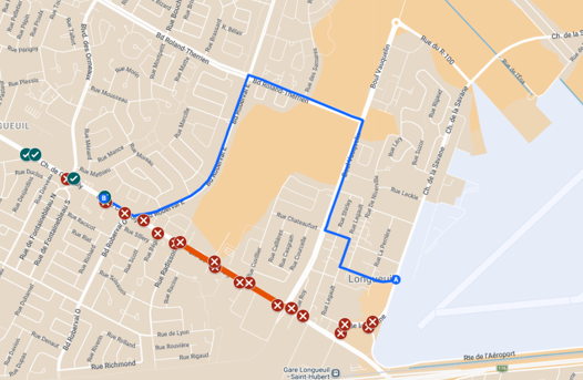 Travaux Chemin Chambly - Ligne 28 - terminus Longueuil Carte du détour de la ligne 28 sur les boulevards Roberval, Roland-Therrien, Vauquelin, les rues Châteaufort, Legault et Bishop.