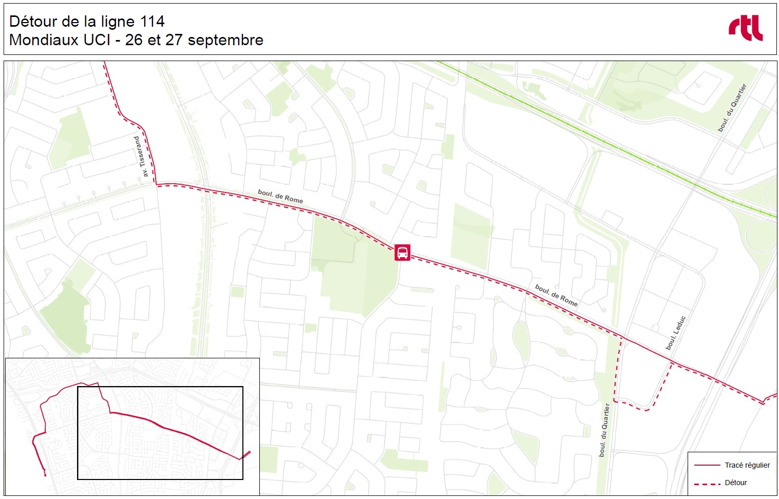Carte du détour de la ligne 114 sur le boul. du Quartier et le boul. Leduc