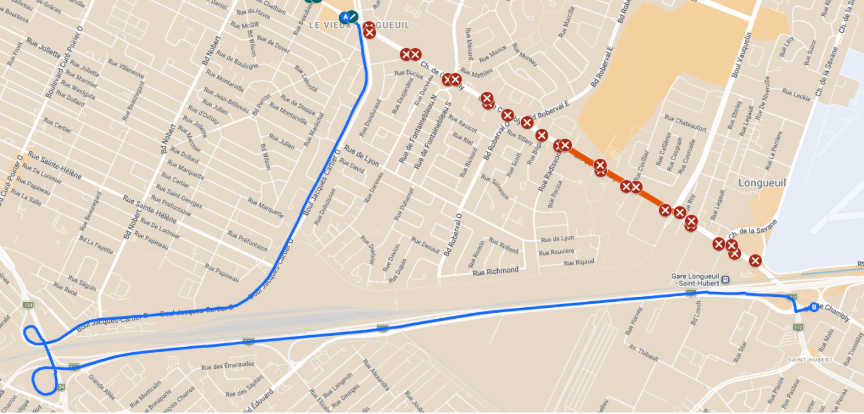 Carte du détour de la ligne 88 sur le boulevard Jacques-Cartier O. et la route 116.
