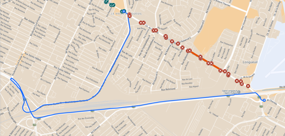 Carte du détour de la ligne 88 sur le boulevard Jacques-Cartier O. et la route 116.