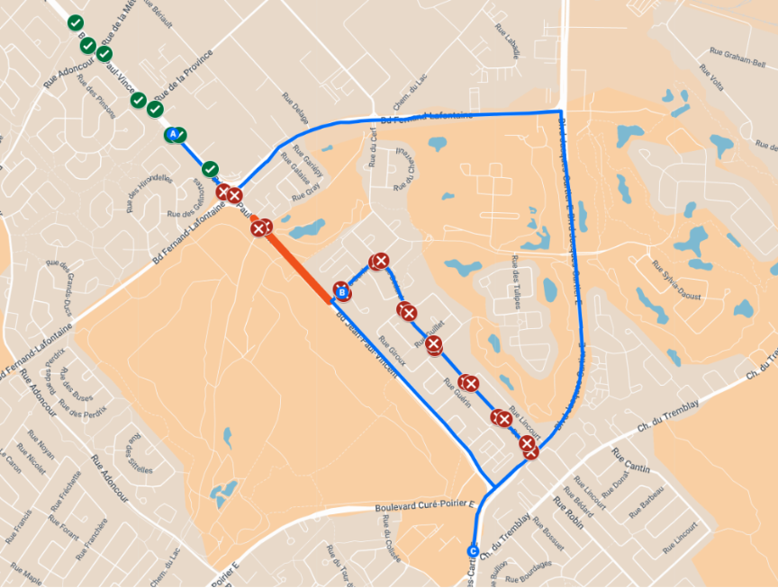 Ligne 570 - travaux Jean-Paul Vincent Carte du détour sur la ligne 570 - Une fois le détour effectué par les boulevards Fernand-Lafontaine et Jacques-Cartier, les arrêts sur la rue Bédard seront desservis.