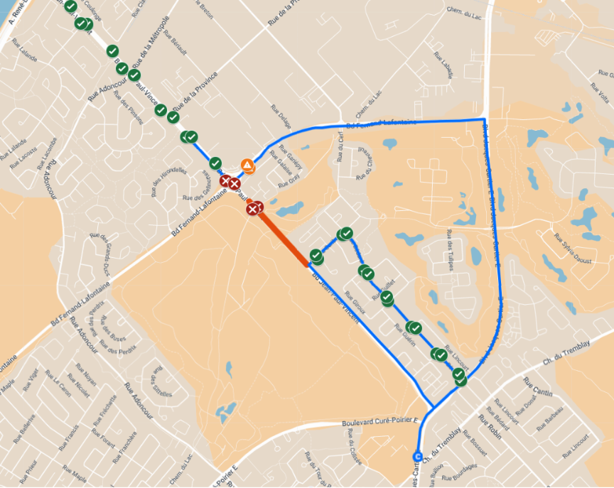 Carte du détour sur la ligne 570 - Une fois le détour effectué par les boulevards Fernand-Lafontaine et Jacques-Cartier, les arrêts sur la rue Bédard seront desservis.