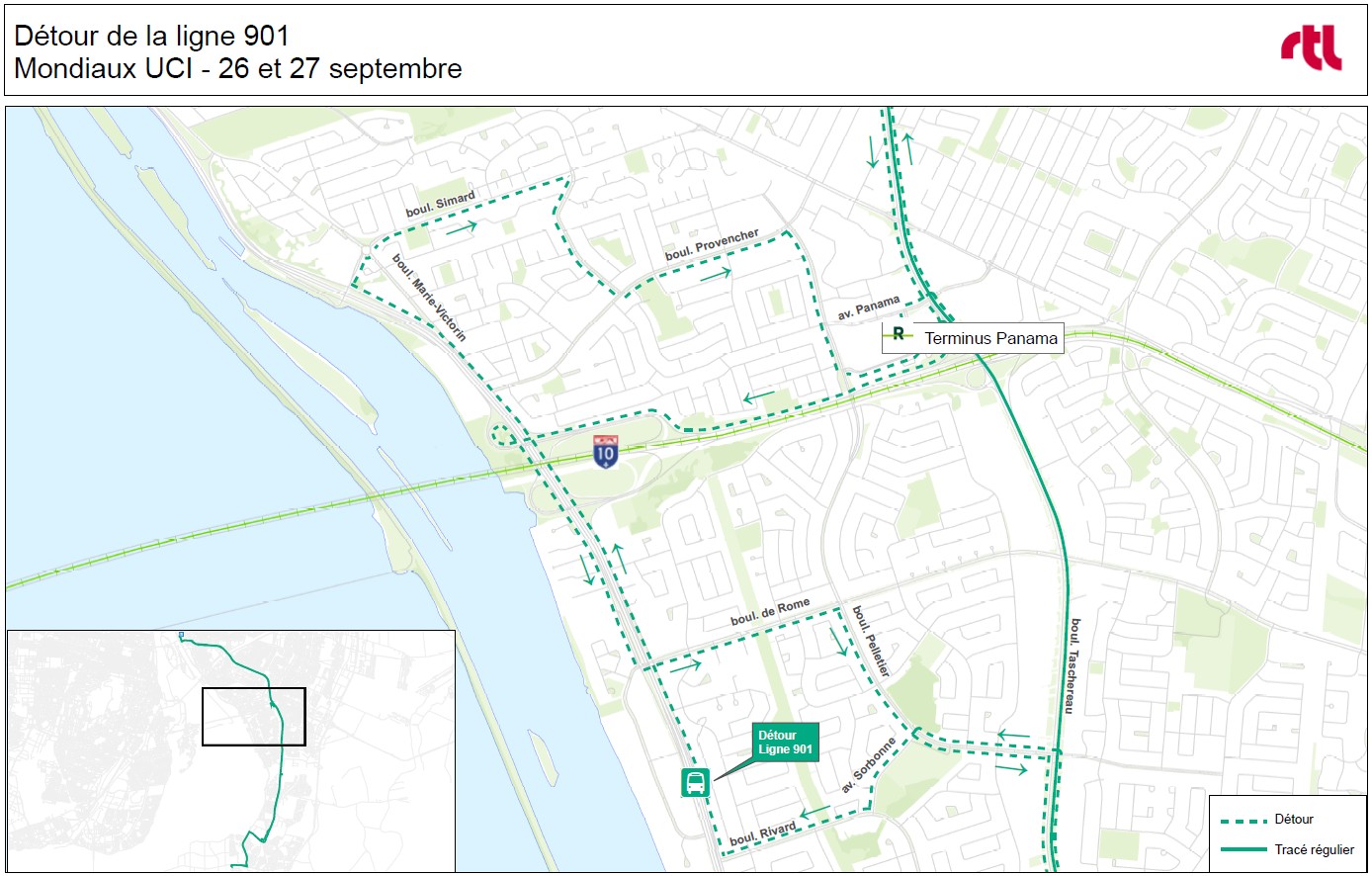 Carte du détour de la ligne 901 sur le boul. Marie-Victorin