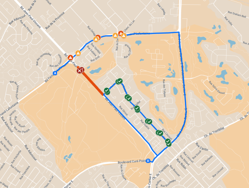 Carte du détour sur la ligne 673 - Une fois le détour effectué par les boulevards Fernand-Lafontaine et Jacques-Cartier, les arrêts sur la rue Bédard seront desservis.