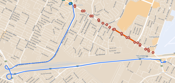 Carte du détour de la ligne 88 sur le boulevard Jacques-Cartier O. et la route 116.