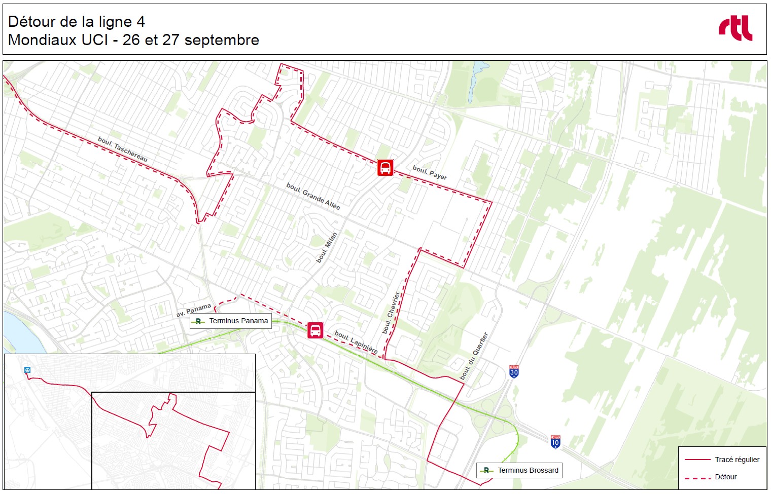 Carte du détour sur la ligne 4. La ligne est détournée vers le terminus Panama à partir de l'intersection des boulevards Lapinière et Chevrier.