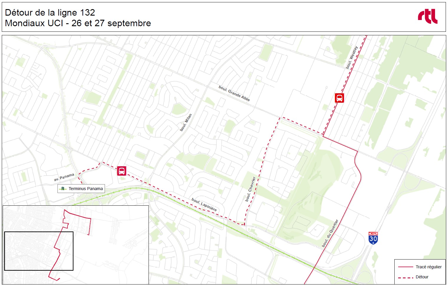 Carte du détour sur la ligne 132. La ligne est détournée vers le terminus Panama à partir de l'intersection des boulevards Lapinière et Chevrier.
