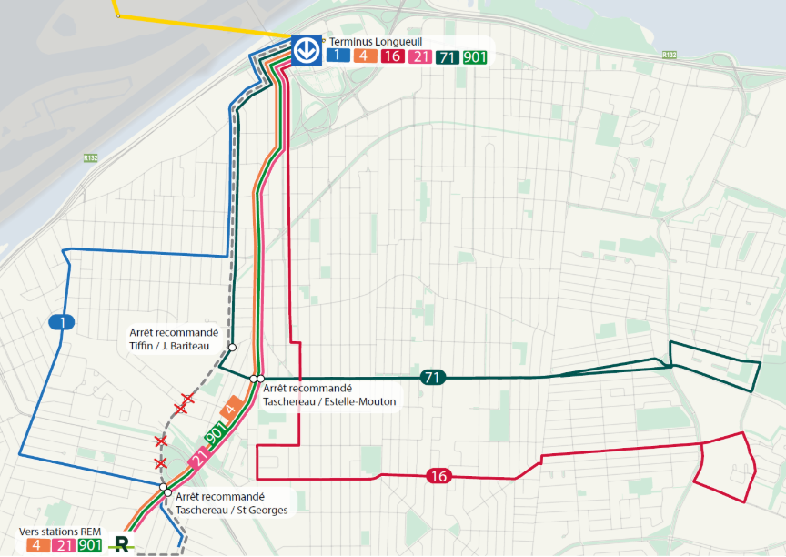 Carte indiquant les alternatives suite au retrait de la ligne 54