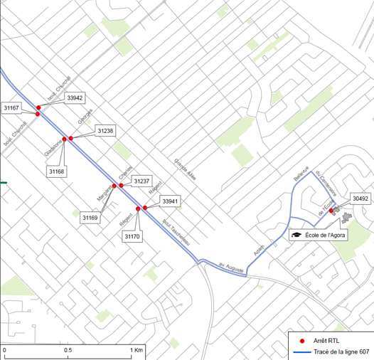 Carte arrêts ligne 607