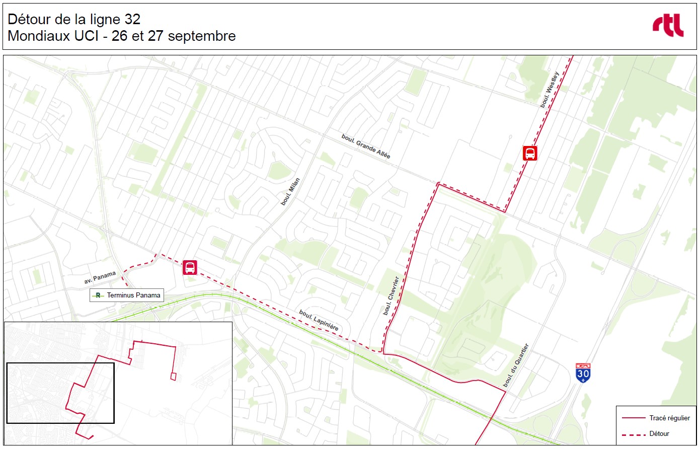 Carte du détour de la ligne 32 sur l'av. Panama, le boul. Lapinière, le boul. Chevrier et le boul. Grand-Allée