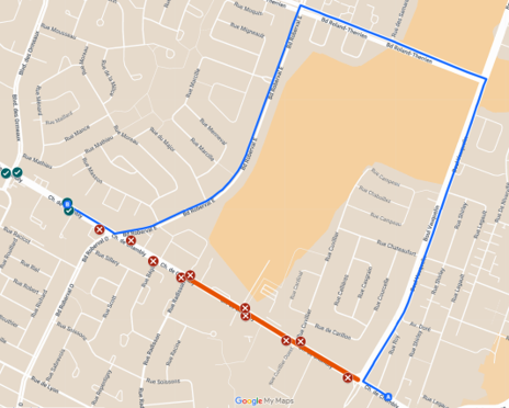 Travaux Chemin Chambly - Ligne 8 fermeture partielle - terminus Longueuil Carte du détour de la ligne 8 sur les boulevards Roberval et Vauquelin