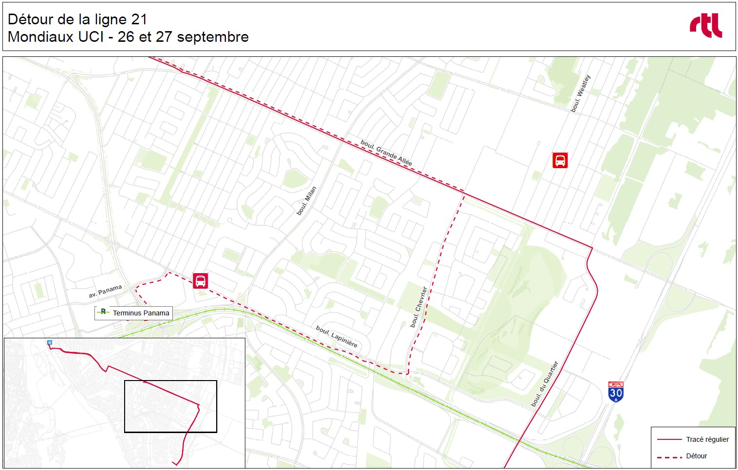 Carte du détour sur la ligne 21. La ligne est détournée au terminus Panama à partir de l'intersection des boulevards Lapinière et Chevrier.