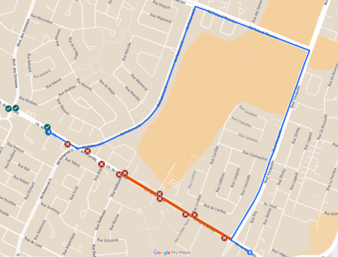 Carte du détour de la ligne 8 sur les boulevards Roberval et Vauquelin