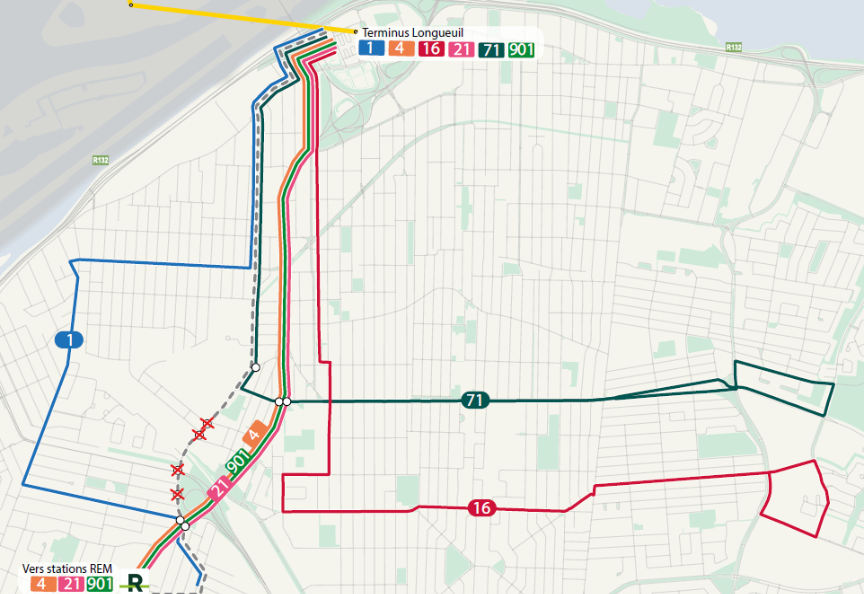 Ligne 71 - Carte Carte indiquant les alternatives à la modification du trajet de la ligne 71